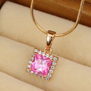 "Square Rose Gold Pendant with Pink Stone and CZ Border Accent, XPPT1410
